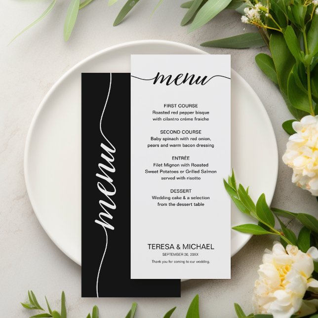 Menu Simple noir et blanc Script Cuisine personnalisée  (Simple, Chic black and white wedding menu.)