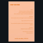 Menu Simple Peach Orange Simple Custom Wedding<br><div class="desc">Donnez le ton d'une expérience de mariage élégante avec cette carte de menu mariage élégante. En orange pêche douce, ce menu personnalisable met en valeur les noms du couple et la date du mariage. Parfait pour les réceptions, les dîners de répétition ou les douches nuptiales, ce design moderne et minimaliste...</div>