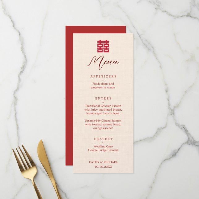 Menu Simple rouge modernité double bonheur mariage chin (Devant/Arrière en situation)
