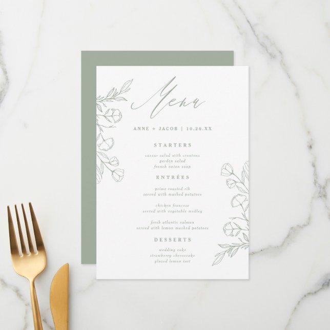 Menu Simple Sage Vert verdure Boho Floral Mariage (Devant/Arrière en situation)