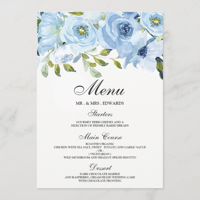 Menu Sky Blue Watercolor Flowers Mariage moderne (Devant)