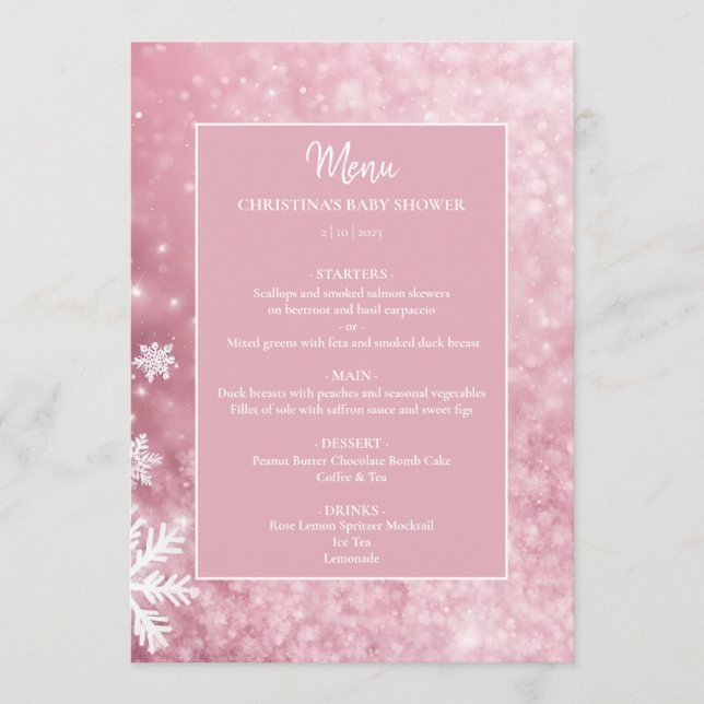 Menu Snowflake Winter Wonderland Baby shower rose (Devant)