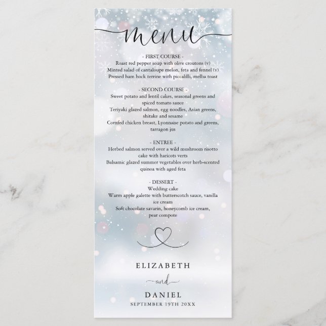 Menu Snowflakes Heart Script Mariage Dîner (Devant)