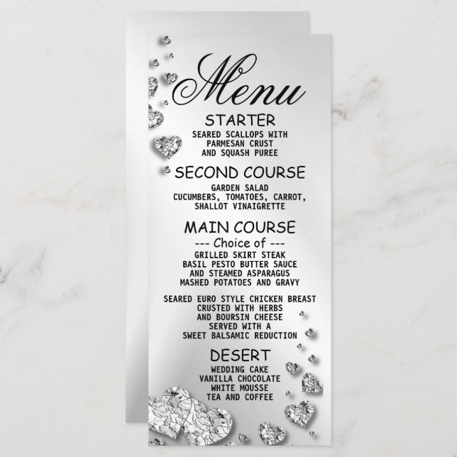 Menu Soirée de mariage Coeurs d'argent Grey Dîner éléga (Devant / Derrière)