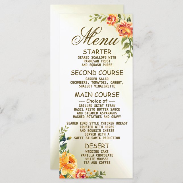 Menu Soirée de mariage Orange Jaune Rouge Floral Vert (Devant / Derrière)