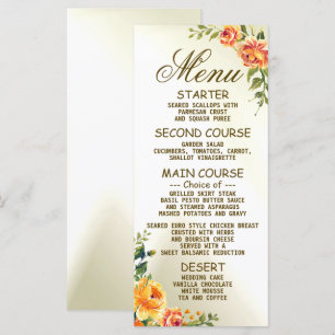 Menu Soirée de mariage Orange Jaune Rouge Floral Vert