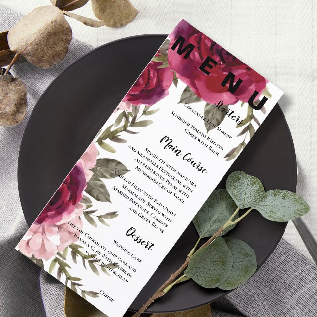 Menu Soirée de mariage rose floral, jolie Bourgogne (Pretty Burgundy Blush Pink Floral Wedding Party Menu)