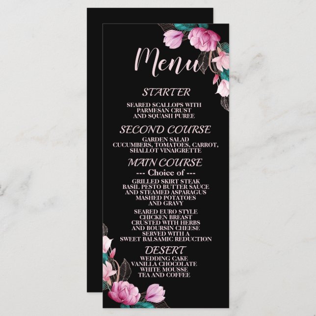 Menu Soirée de mariage rose floral noir élégant rustiqu (Devant / Derrière)