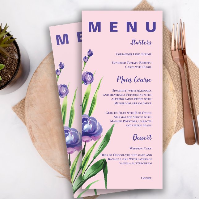 Menu Soirée de mariage rose pâle Bleu floral (Blush Pink Pretty Blue Floral Wedding Party Menu)