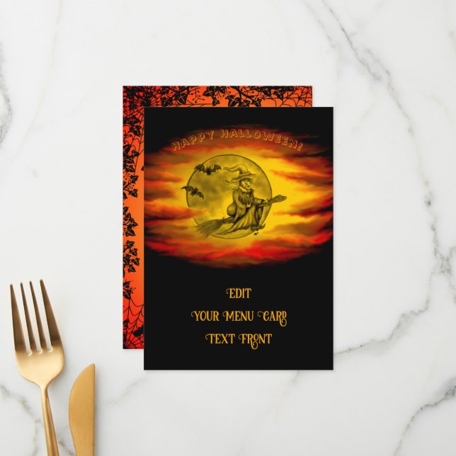 Menu Sorcière volante avec chat noir, nuit halloween (Devant/Arrière en situation)