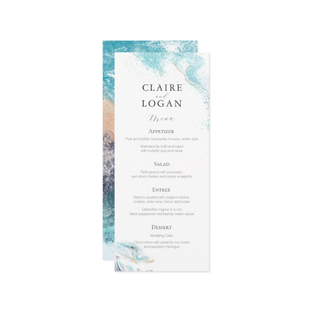 Menu Splashing Blue Waves Coastal Wedding (Devant/Arrière en situation)