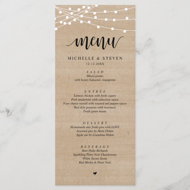 Menu String Lights Brown Bois Mariage Eloping Dîner (Devant)
