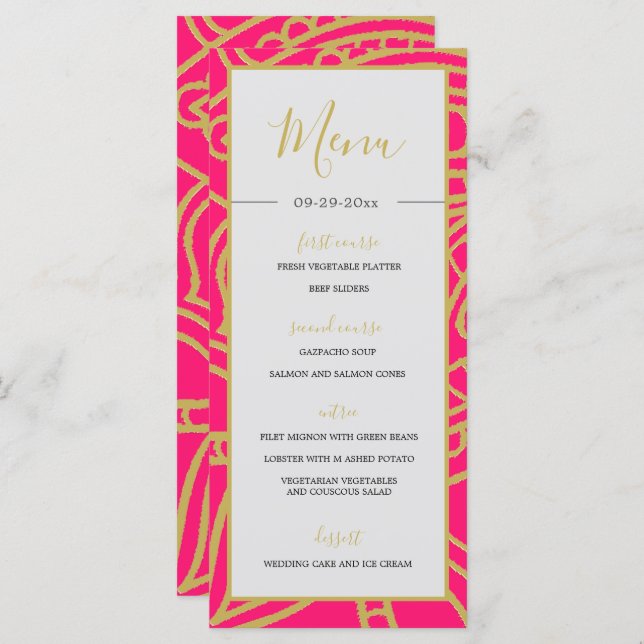 Menu Style indien rose or couleur Mariage chic (Devant / Derrière)