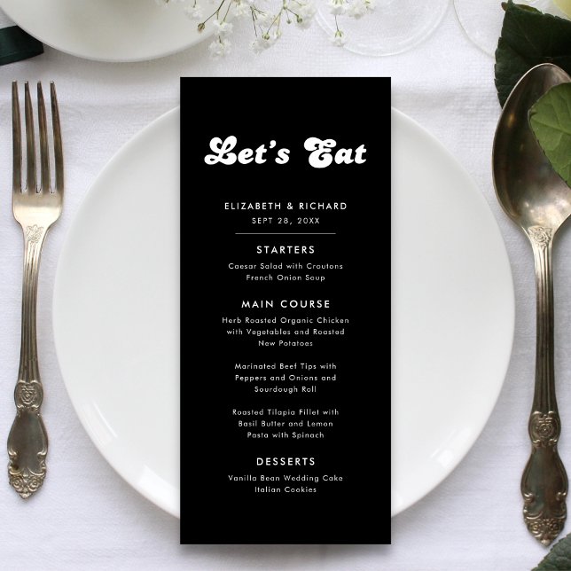 Menu Style Retro Noir & Blanc Mangeons Mariage (Stylish retro black and white wedding menu adds charm while guiding guests to dine elegantly)