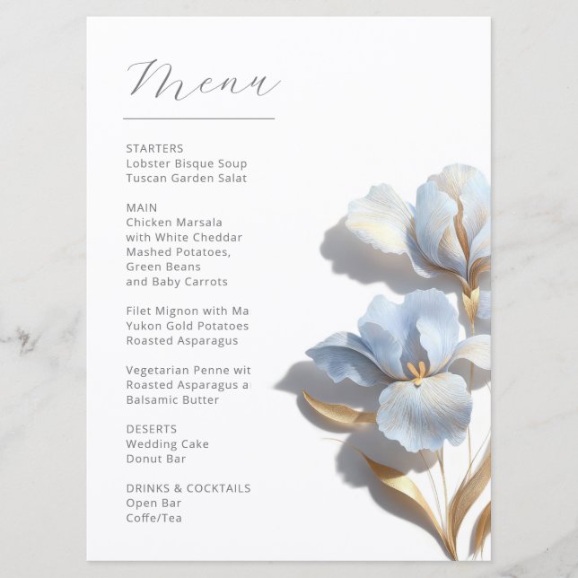 Menu Stylized 3D Lily Flowers Blue Gold (Devant)