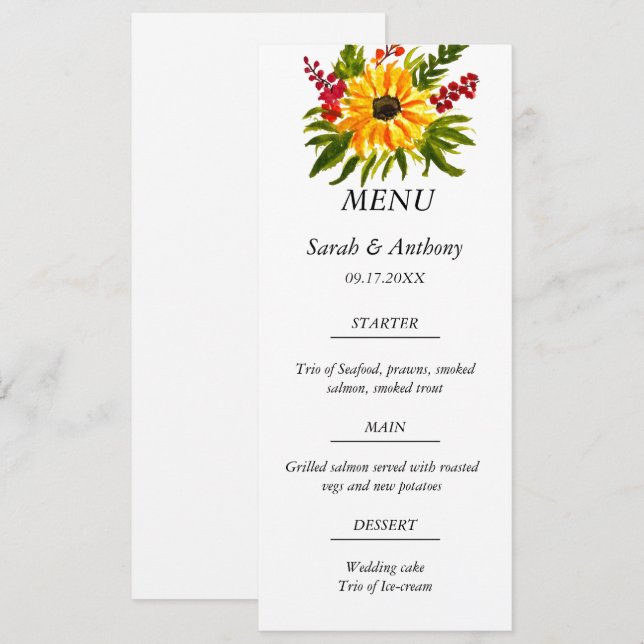 Menu Sunflower Botanique Floral Mariage de automne (Devant / Derrière)