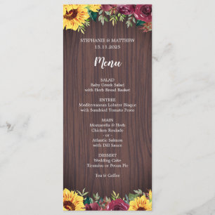 Menu Sunflower Bourgogne Rose Frontière Mariage bois