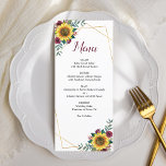 Menu Sunflower Bourgogne Rose Mariage géométrique<br><div class="desc">Ces menus de mariage élégants présentent un design floral aquarelle avec des roses bordeaux de tournesols et une bordure géométrique en faux or. Personnalisez le texte avec vos noms et le menu. Produits correspondants également disponibles.</div>