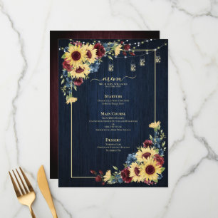 Menu Sunflower Navy Bleu Bourgogne Bois Mariage Floral