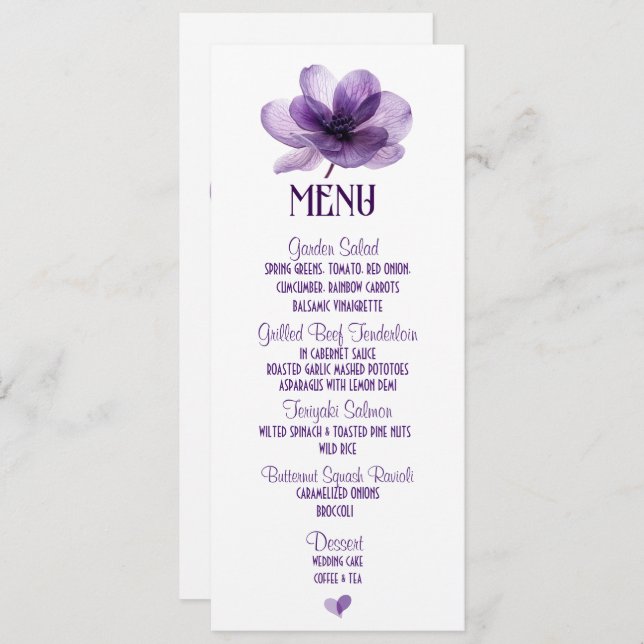 Menu Superbe Mariage de fleurs violettes (Devant / Derrière)