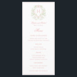 Menu Sweet Crest Monogramme 4 Mariage de cours<br><div class="desc">L'élégante crête monogramme aquarelle donne à ce menu mariage un look magnifique et intemporel que toute mariée sophistiquée aimera. Personnalisez avec votre initiale à l'intérieur de la crête. Tout le texte peut être modifié Couleurs inclus,  rose clair et vert</div>