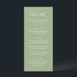 Menu Sydney Sage Green Mariage moderne<br><div class="desc">Menu mariage moderne avec un design typographique contemporain avec "mangeons" dans une élégante typographie de script. Vous trouverez ci-dessous les détails de votre événement dans votre nom, date du mariage et menu dans une mise en page simple et minimale. Le thème de couleur est vert sage et peut être modifié...</div>