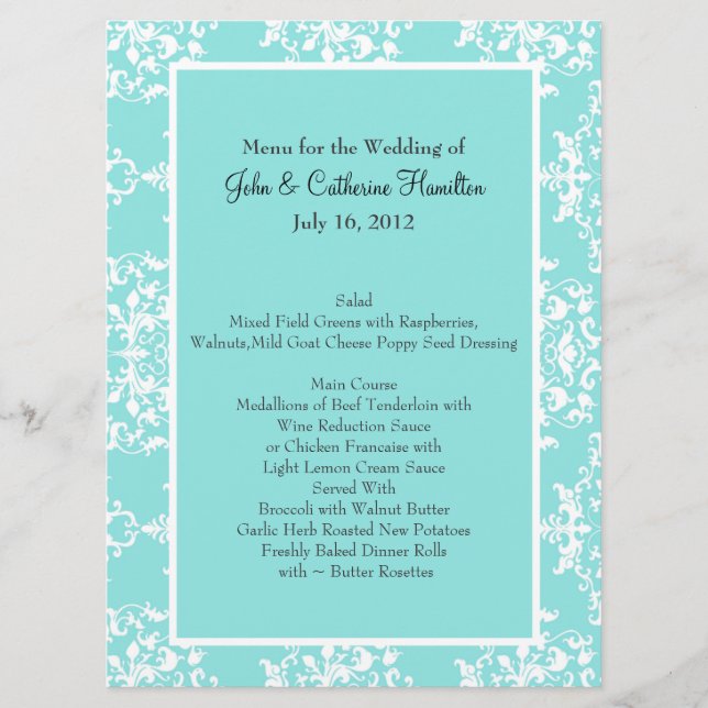 Menu Tableau Aqua Blue Mariage damassé (Devant)
