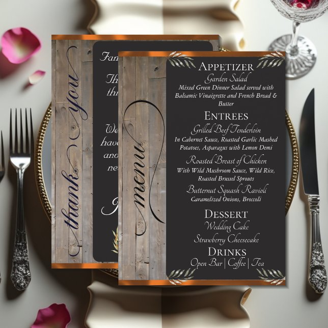 Menu Tableau sur bois, monogramme et merci - cuivre (Créateur téléchargé)