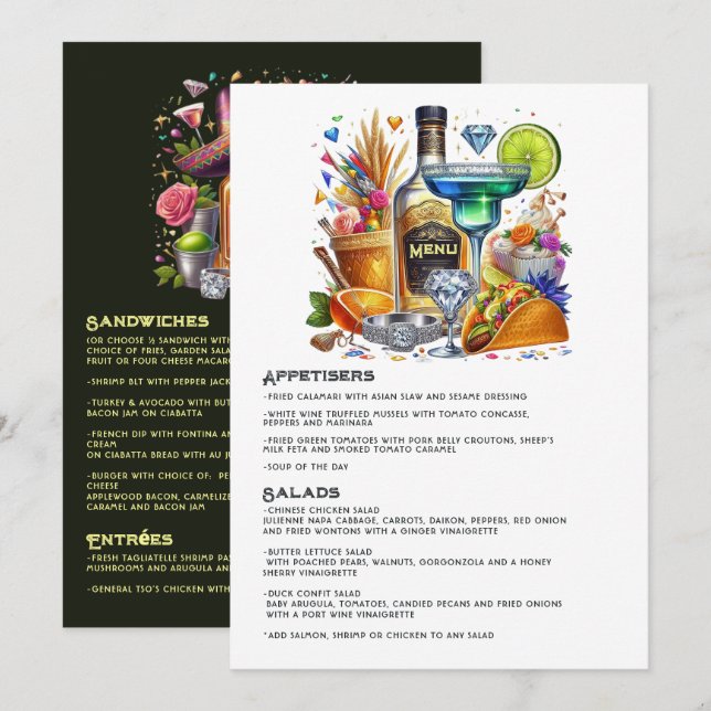 Menu Tacos Floraux Brillants et Célébration de Fiesta T (Devant / Derrière)
