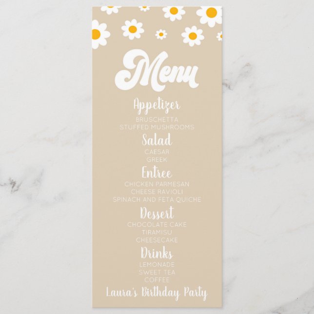 Menu Tan Retro Daisy Fleur Anniversaire Fête Nourriture (Devant)