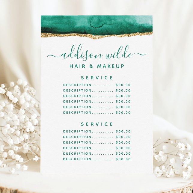 Menu Tarif de service à l'aquarelle vert émeraude et or (Créateur téléchargé)