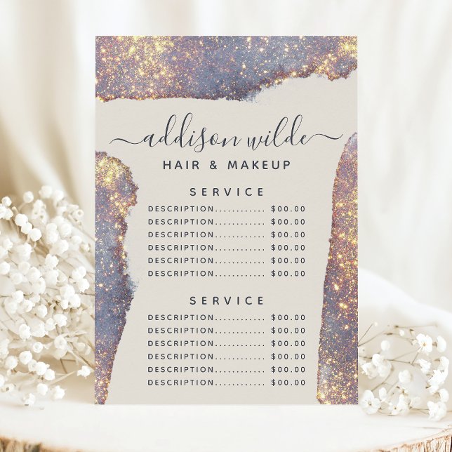 Menu Tarif de Service Paillettes Glam Or Violet Iridesc (Créateur téléchargé)