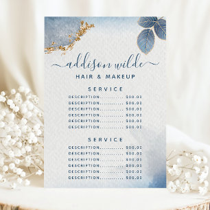 Menu Tarif du service de botanique aquarelle Blue Gold