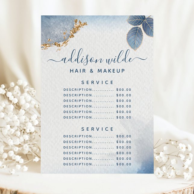 Menu Tarif du service de botanique aquarelle Blue Gold (Créateur téléchargé)