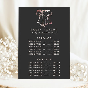 Menu Tarif du service de lingerie avec logo de corset v