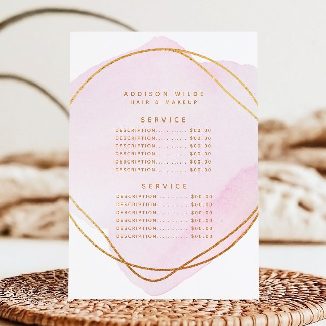 Menu Tarif Service Prix Rose Pâle Aquarelle Or (Créateur téléchargé)