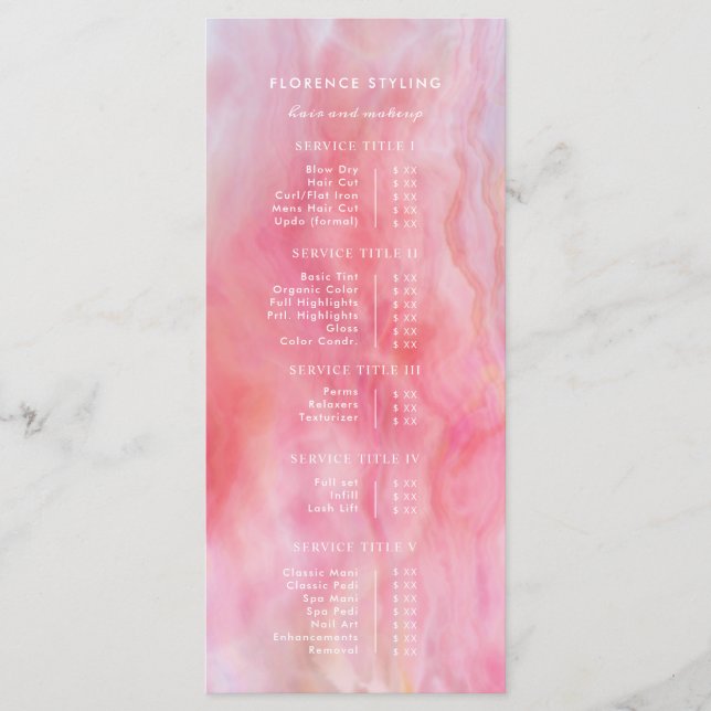 Menu Tarifs de coiffeur maquillage Stylist Aquarelle pê (Devant)