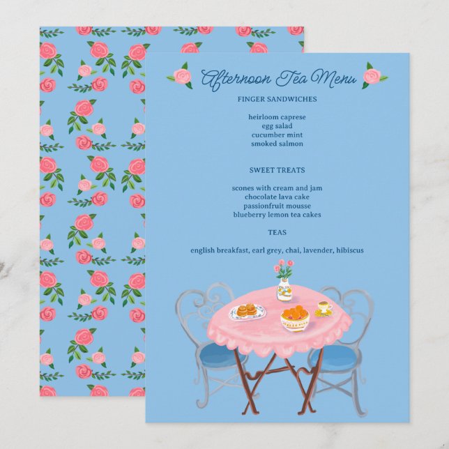 Menu Tea Party Roses Cute CUSTOM (Devant / Derrière)