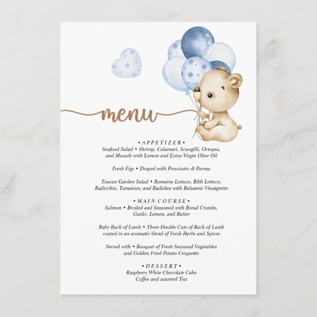 Menu Teddy Bear Baby Bear Baby shower (Devant)