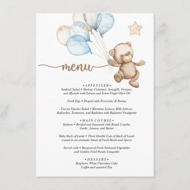 Menu Teddy Bear Baby Bear Baby shower (Devant)