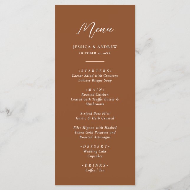 Menu Terra Cotta minimaliste et blanc Mariage simple (Devant)