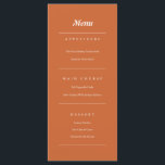 Menu Terracotta brûlé Orange Mariage de automne moderne<br><div class="desc">Un menu mariage moderne et minimaliste,  au design simple,  avec un arrière - plan audacieux en terre cuite orangé. Parfait pour les mariages de automne,  les douches nuptiales et les fêtes. Facile de customiser le texte pour le remplacer par vos propres détails. Commandez les vôtres dès aujourd'hui !</div>
