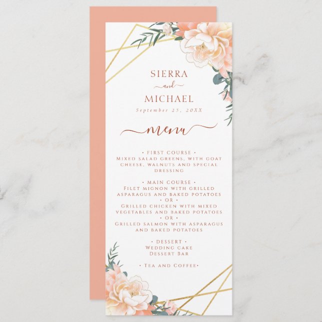 Menu Terracotta Floral Peach Gold Mariage Réception (Devant / Derrière)