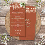 Menu Terracotta Floral String Lights Dîner Mariage<br><div class="desc">Cet élégant menu mariage à cordes fleuries en terre cuite peut être personnalisé avec vos informations en typographie chic avec vos initiales monogrammes au verso. Conçu par Thisisnotme©</div>