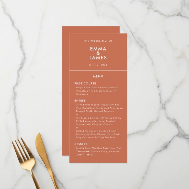 Menu Terracotta Mariage à l'ampersand inversé | Élégant (Devant/Arrière en situation)