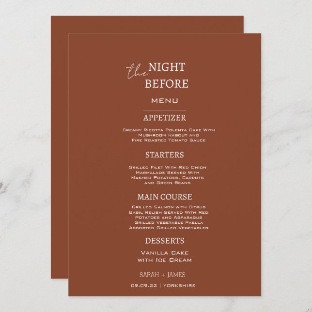 Menu Terracotta minimaliste la nuit avant le Mariage (Devant / Derrière)