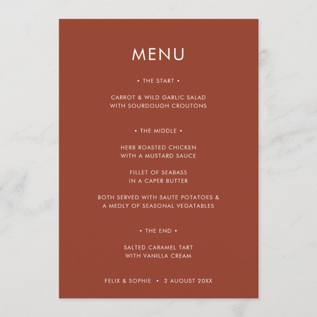 Menu Terracotta moderne | Mariage de rouille orange brû (Devant)