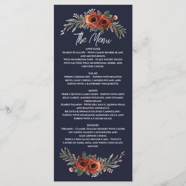Menu Terracotta Navy Boho Floral (Devant)