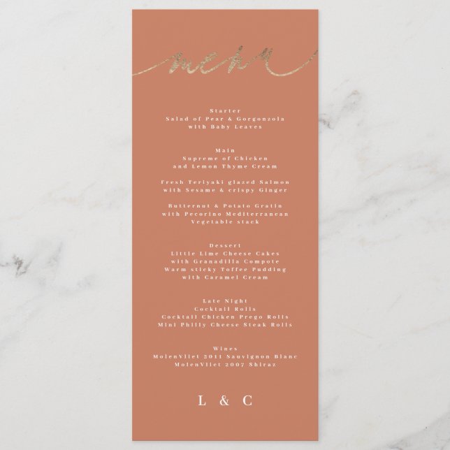 Menu Terracotta Orange Elegant Boho Mariage Or (Devant)