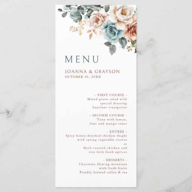 Menu Terracotta Turquoise Neutre Aquarelle mariage flor (Devant)